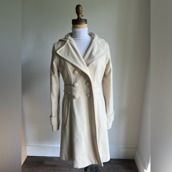 Lux Jackets & Blazers - VINTAGE IVORY WOOL PEA COAT DOUBLE BREASTED LONG TRENCH SIZE SMALL